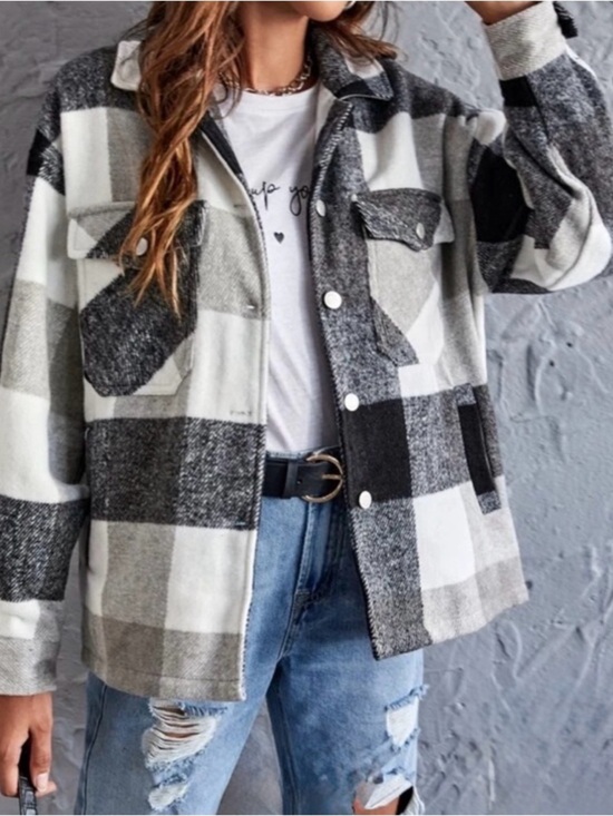 Jackets & Blazers - Black and white buffalo check flannel shacket - medium